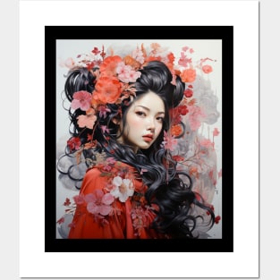 Painting Japanese Geisha Art Flowers Sakura Blossoms in Hair Posters and Art